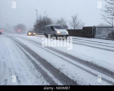 UK Weather- Snow in Hereford- Hereford Herefordshire UK Sunday 18th March 2018 heavy overnight snowfall continues at daybreak in Hereford city.