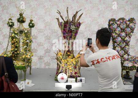 RHS Chelsea Flower Show, London, UK. 25 May 2018. A visitor to the RHS Chelsea Flower Show takes a photograph of the winning Florist Of The Year entry a floral throne by Rebecca Houghton. Credit: Scott Ramsey/StockimoNews/Alamy Live News Stock Photo