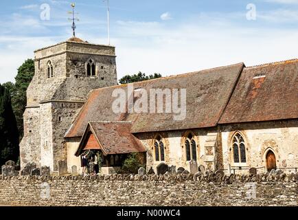 Frensham, Surrey, UK, 4 Aug 2018. Charlie Van Straubenzee and Daisy Jenks wedding, Frensham, Surrey, UK. The Street, Frensham. 04th August 2018. Preparations for the wedding where Prince Harry is best man, St Mary's Church, Frensham. Credit: jamesjagger/StockimoNews/Alamy Live News Stock Photo