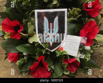 Remembrance Sunday - Hereford UK - Sunday 11th November 2018 - Among the wreaths at the War Memorial in Hereford examples from the locally based Special Air Service 22 SAS Stock Photo