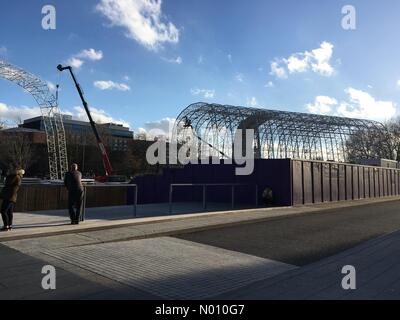 London, UK. 20th Feb 2019. Scaffolding being erected for new music venue corner of Wood Lane and South Africa Road West London called the Trouberdour Credit: Janet Priddle/StockimoNews/Alamy Live News Stock Photo