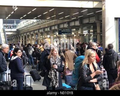 London, UK. 30th March, 2019. Passengers waiting at London St Pancras International railway station after Eurostar services have been cancelled due to a trespasser on the UK high speed line Credit: GarethTibbles/StockimoNews/Alamy Live News Stock Photo