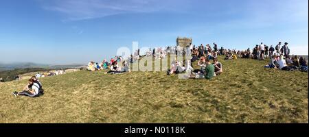 Chorley, Lancashire, UK. 19th April, 2019. UK Weather: Sunny and warm in Chorley. A lovely sunny day for the traditional Good Friday walk up Rivington Pike in Chorley, Lancashire. Credit: Lancashire Images/StockimoNews/Alamy Live News Stock Photo