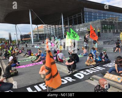 Cardiff, Wales, UK. 1st September, 2020. Extinction Rebellion protest Cardiff - Tuesday 1st September 2020 - XR climate protestors sit down outside the Welsh Parliament in Cardiff Bay. Credit: Steven May/StockimoNews/Alamy Live News Stock Photo