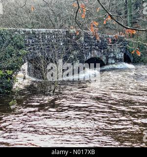 UK Weather: Fingle bridge as high water rushes through arches after torrential rain. River Teign, Dartmoor, Devon, UK. 7 Jan, 2023. Credit nidpor Credit: nidpor/StockimoNews/Alamy Live News Stock Photo