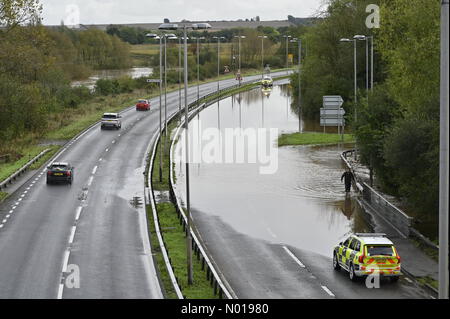 Retford, UK Saturday October 21st 2023. The A1 road is closed northbound due to flooding. Police are on the scene and traffic is diverted as parts of the United Kingdom suffer effects of Storm Babet Credit: Andrew O'Brien/StockimoNews/Alamy Live News Stock Photo