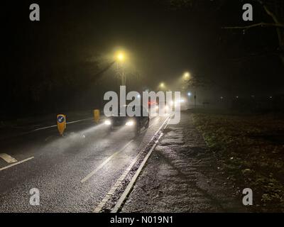 UK Weather: Foggy in Godalming. Meodrow, Godalming. 14th December 2023. A cold and foggy evening across the Home Counties. Rush hour traffic in Godalming, Surrey. Credit: jamesjagger/StockimoNews/Alamy Live News Stock Photo