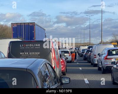 Major traffic delays on the M4 at the Prince of Wales bridge in South Wales this afternoon after an accident blocked the motorway. Credit: Phil Rees/StockimoNews/Alamy Live News Stock Photo