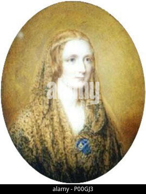 . English: Reginald Easton painted this miniature portrait of Mary Shelley, on a flax coloured background. It incorporates a circlet backed by blue, the same seen in the Rothwell painting and a shawl. (Seymour, Mary Shelley, p 543)  . 1857. Reginald Easton (1807–1893) 69 Mary Shelley by Reginald Easton. Stock Photo