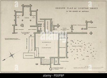 . English: Ground Plan of the 14th century ruins of the Premonstratensian abbey at Leiston, Suffolk, made by Suffolk historian Alfred Inigo Suckling in 1848  . 1848. Alfred Inigo Suckling (1796-1856) 96 Suckling's Plan of Leiston Abbey (1848)