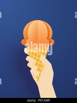 Hands holding ice cream cone on a blue summer background. Paper art and craft style. Stock Vector