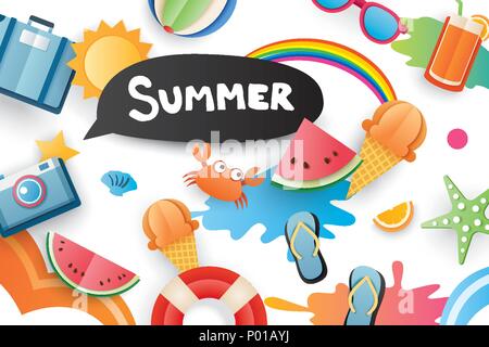 Summer cute symbol icon elements for beach party on white background. Paper art and craft style. Use for labels, stickers, badges, illustration design Stock Vector