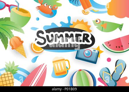 Summer cute symbol icon elements for beach party on white background. Paper art and craft style. Use for labels, stickers, badges, illustration design Stock Vector
