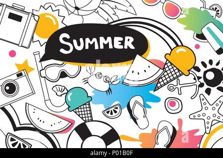 Summer doodles symbol and objects icon elements for beach party background. Hand drawn style. Use for labels, stickers, badges, poster, flyer, banner, Stock Vector