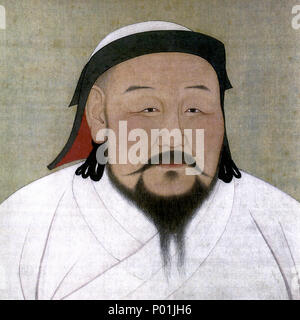 . English: A painting of Shizu, better known as Kublai Khan, as he would have appeared in the 1260s (although this painting is a posthumous one executed shortly after his death in February of 1294, by a Nepalese artist and astronomer Anige). The painting is done in the Chinese portrait style. It is now located in the National Palace Museum in Taipei, Taiwan; colors and ink on silk, 59.4 by 47 cm. Kublai's white robes reflect his desired and symbolic role as a religious Mongol shaman. On pages 66 to 67 of Morris Rossabi's Khubilai Khan: His Life and Times (paperback), he has this to say of the  Stock Photo
