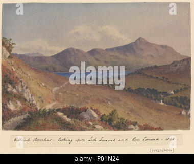 .  English: 'Behind Arrochar, looking upon Loch Lomond and Ben Lomond, 1843' [Scotland] No. 32 in Fanshawe's Baltic and later album, 1843 - 83. Captioned by the artist on the album page below the image, as title. Arrochar lies near the head of Loch Long, Scotland, on the east side. This view looks east and south from above it, over to Loch Lomond in the next glen eastward. Fanshawe married Jane Cardwell on 11 May 1843, when he was a young Commander RN, and this drawing is one of a group (PAI4700 - 4706) recording their first summer holiday together that summer, though his biography (1904) does Stock Photo