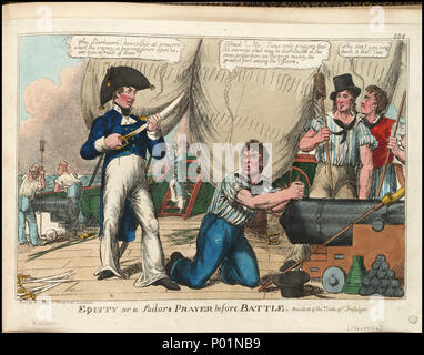 .  English: 'Equity or a Sailor's Prayer before Battle. Anecdote of the Battle of Trafalgar' (caricature) Hand-coloured.; No.42. Bound in album PAG8512 with prints PAG8513-PAG8647; PAG8649- PAG8666. A post-Trafalgar satire showing a scene of the deck of a British vessel. It offers an unusually adversarial stance taken from the perspective of the lower-deck sailor. With cannon being prepared, the tar is shown on his knees at prayer. At this, one of the officers remarks ‘Why Starboard! how is this at prayers when the enemy is bearing down upon us; are you afraid of them?’ ‘Starboard’ replies ‘Af Stock Photo