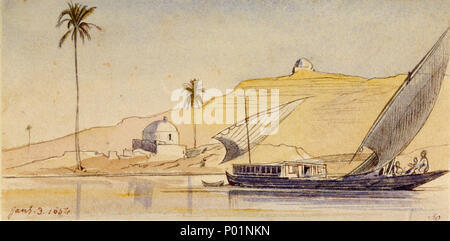 .  English: 'Jany. 3. 1854.' (30) This watercolour by Edward Lear, executed on 3 January 1854, shows a large lateen-rigged vessel passing along the Nile with the steep bank of the river rising in the background. Single palm trees and two small buildings with white domes accentuate the barren landscape and the cloudless sky. By the time of his second visit to Egypt, Lear had developed his individual style, which, despite its sense of detailed observation, mostly emphasizes sensitive colouring and rather swooping pencil lines. This view is constructed along a narrow horizontal format emphasising Stock Photo