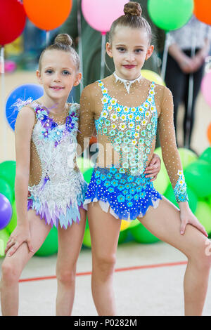 Little Adorable Gymnasts With Medals In Rhythmic Gymnastics