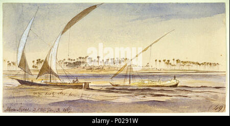 .  English: 'Abou Ajees. 3.P.M. Jany. 3. 1867 (49)' This watercolour-view by Edward Lear was taken in the afternoon on 3 January 1867 during the artist’s third visit to Egypt. It shows the banks of the Nile with palm trees and buildings. On the river in the foreground sail two traditional Egyptian cargo vessels, one of which seems to be a dahabeeyah. By the time of his third visit to Egypt, Lear had established his individual style, which, despite its sense of detailed observation, mostly emphasizes sensitive colouring and rather swooping pencil lines. Lear tended to scribble notes onto the im Stock Photo