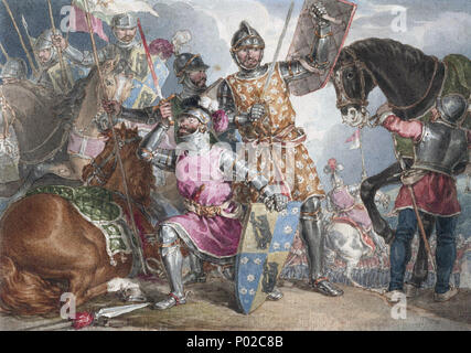 . Richard Neville, 16th Earl of Warwick, Edward IV of England, and Richard III of England stand together in William Shakespeare's rendition of the Battle of Towton in Henry VI, Part 3.  . King Henry VI, part III, act II, scene III, Warwick, Edward, and Richard at the Battle of Towton . Late 18th century 58 King Henry VI, part III, act II, scene III, Warwick, Edward, and Richard at the Battle of Towton (adjusted) Stock Photo