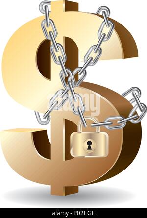 Dollar symbol locked by a chain.Isolated on white background. Stock Vector