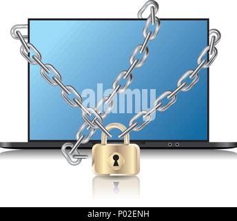 Laptop locked by a chain.Isolated on white background. Stock Vector