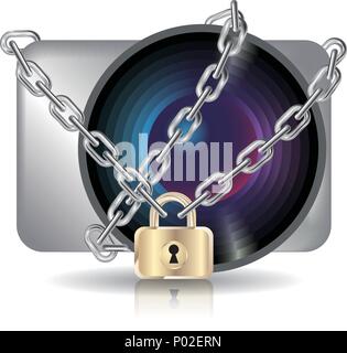 Camera locked by a chain.Isolated on white background. Stock Vector