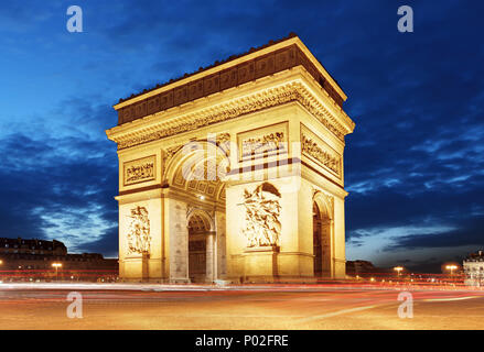 Arc De Triomphe and light trails, Paris Stock Photo