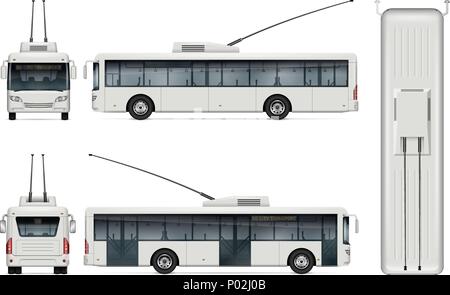 Trolleybus vector mockup on white background for vehicle branding, corporate identity. View from side, front, back, top. Stock Vector