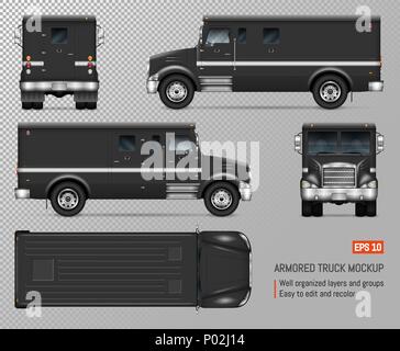 Armored truck vector mockup. on transparent background for vehicle branding, corporate identity. View from left, right, front, back, top sides. Stock Vector