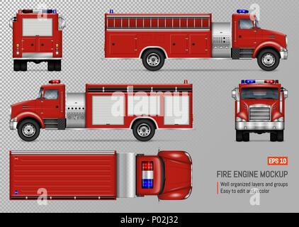 Fire truck engine vector mockup for vehicle branding, corporate identity. View from front, back, top, left and right side. Stock Vector