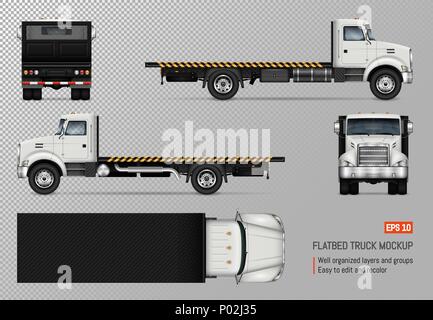 Flatbed truck vector mockup. Isolated template of the white lorry on transparent background for vehicle branding, corporate identity. Stock Vector