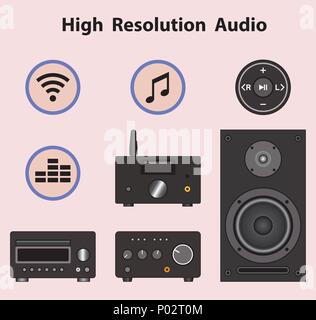 Set of audio equipment and volume symbol on light pink backgrounds Stock Vector