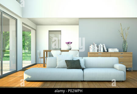 Modern bright loft interior design with sofa and dining table Stock Photo