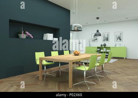 modern bright dining room skandinavian interior design 3d Illustration ...