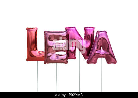 Name lena made of pink inflatable balloons isolated on white background Stock Photo