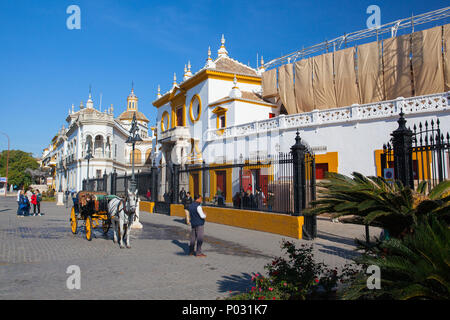 Seville, Spain - November 19,2016: Bullfight arena, plaza de toros at Sevilla.During the annual Seville Fair in Seville, it is the site of one of the  Stock Photo