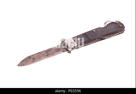 Open old rusty folding knife isolated on a white background Stock Photo