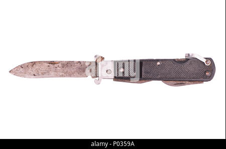 Open old rusty folding knife isolated on a white background, top view Stock Photo