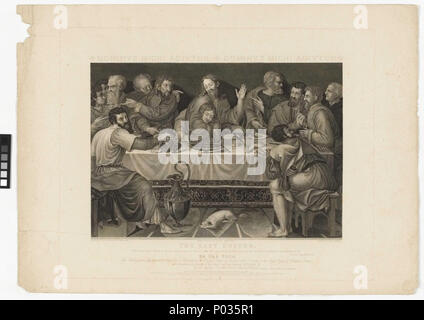 .  English: 'The Last Supper' Engraving of the Last Supper by P.W. Tomkins after Jacopo da Pontormo. It depicts the last supper Jesus shared with his disciples before his arrest and crucifiction (John 13:21). The print shows the moment Jesus announces that one of them would betray him. The individual reactions of the apostles are vividly portrayed; Saint John's position with Jesus's arm around his neck, and a dish in front of him can be seen as a prefiguration of his behading and the presentation of his head on a silver dish. Below the print is inscribed 'With desire I have desired to eat this Stock Photo