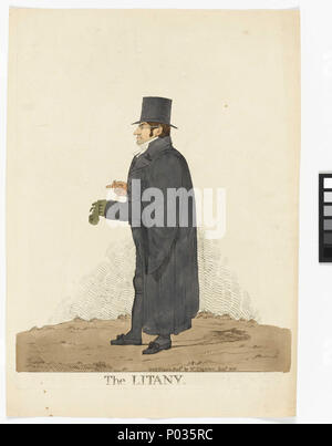.  English: 'The Litany' This caricature entitled 'The Litany' shows a man in black with a black gown and black top hat and metal framed glasses facing left. He has green gloves, the right hand glove he holds in his left gloved hand while he points with his right hand. Richard Dighton (1795/6-1865) was the son of Robert Dighton (1751-1814), a singer and draughtsman whose father had been a printseller. Robert Dighton began producing caricatures in 1781 and continued until his death when Richard continued his work in much the same style. The Dighton's subjects ranged from Royal and parlimentary  Stock Photo