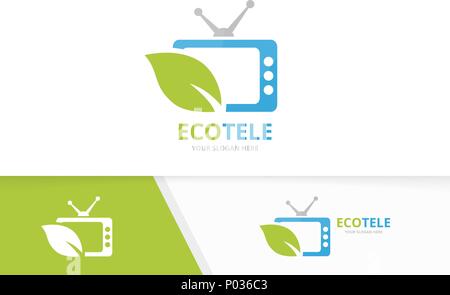 Vector tv and leaf logo combination. Television and eco symbol or icon. Unique media and organic logotype design template. Stock Vector