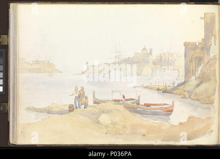 .  English: (Recto) Gibraltar from the Queen of Spain's Chair, 22 January 1853; (verso, undated) St Angelo and Dockyard Creek, Malta No. 31 of 36 (PAI0849 - PAI0884). (Recto) A view southward towards Gibraltar and the Atlas mountains of the Moroccan coast beyond, from the hills above La Linea and Algeciras Bay. It is inscribed, lower left, 'Gibraltar / from Queen of Spain's Chair / Jany 22d 53'. The 'Chair', the English name for the Sierra Carbonera, is a hilltop (315m/ 971 feet) above the eastern end of the bay. It was frequently used for Spanish gun positions and observation over Gibraltar a Stock Photo