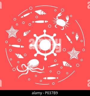 Steering wheel and sea inhabitants: fish, seashells, starfish, crab, octopus. Design for banner, poster or print. Stock Vector