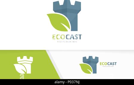 Vector castle and leaf logo combination. Tower and eco symbol or icon. Unique fortress and organic logotype design template. Stock Vector