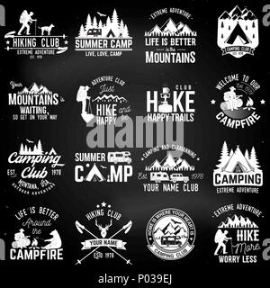 Summer camp with design elements on the chalkboard. Vector illustration. Set of extreme adventure badges. Vintage typography design with rv trailer, c Stock Vector