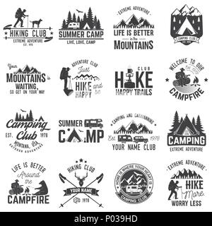 Summer camp with design elements. Vector illustration. Set of extreme adventure badges. Vintage typography design with rv trailer, camping tent, man w Stock Vector