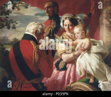 . This picture shows the Duke of Wellington offering a gift to Queen Victoria, Prince Albert and Prince Arthur, in a scene resembling the Adoration of the Magi. The painting was commissioned by Queen Victoria to commemorate the 1st of May 1851, which held a threefold significance: it was the first birthday of Prince Arthur, the eighty-second birthday of prince's godfather the Duke of Wellington, and the opening day of the Great Exhibition. Prince Arthur holds Lily-of-the-valley, a traditional 1st of May gift said to bring good luck. The Crystal Palace can be seen in the background.  . The Firs Stock Photo