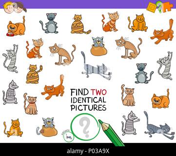 Cartoon Illustration of Finding Two Identical Pictures Educational Game for Kids with Cat Characters Stock Vector